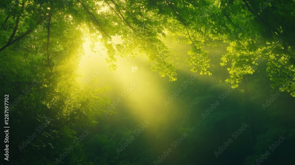 Fototapeta premium Sunlight filtering through lush green leaves in peaceful forest 