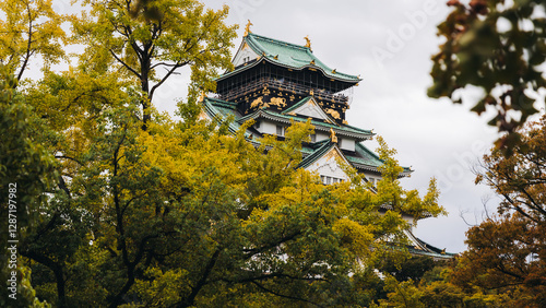 Фотография Osaka Castle, Osaka city, Japan, summer landscape vibrant view with a blue sky,