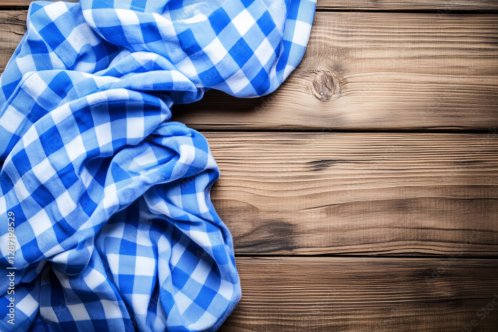 Blue and White Checkered Tablecloth on Rustic Wooden Background Capturing Cozy Atmosphere Blue and White Checkered Tablecloth on Rustic Wooden Background Capturing Cozy Atmosphere