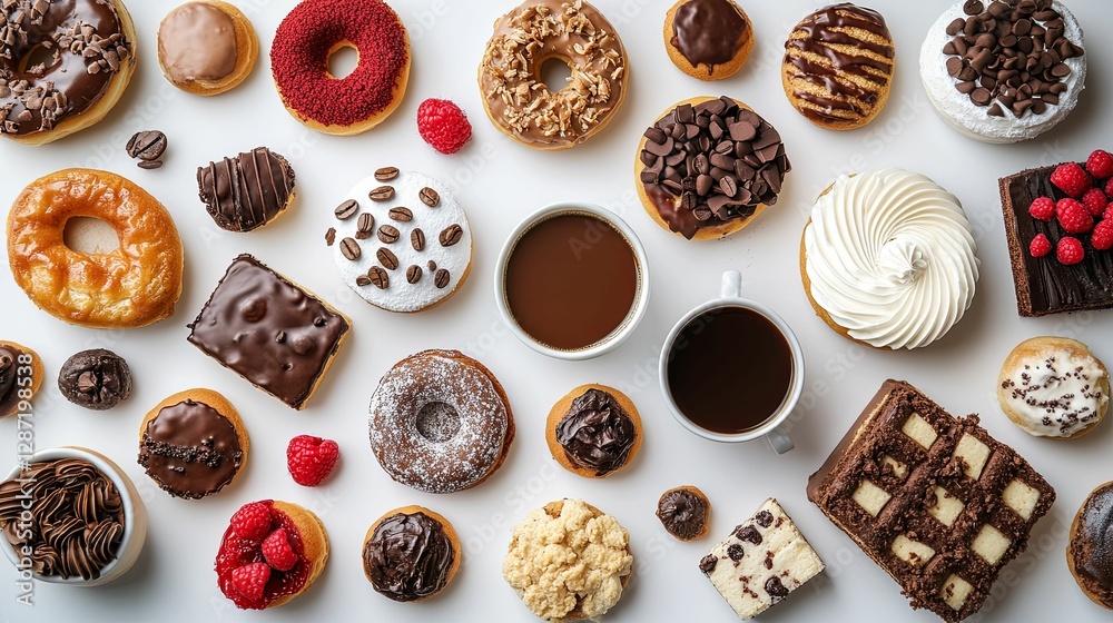 Assorted Donuts Cakes Pastries And Coffee Drinks Arranged On White Background Assorted Donuts Cakes Pastries And Coffee Drinks Arranged On White Background