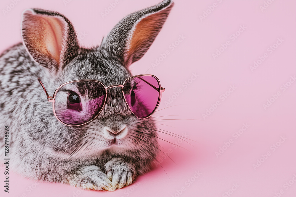 Fluffy Domestic Rabbit with Long Ears Wearing Stylish Sunglasses Against a Pink Background Fluffy Domestic Rabbit with Long Ears Wearing Stylish Sunglasses Against a Pink Background