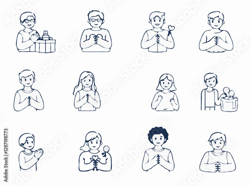 Outline set of 15 volunteering icons for nonprofit initiatives and social impact projects. Volunteerism, altruism, compassion, solidarity.