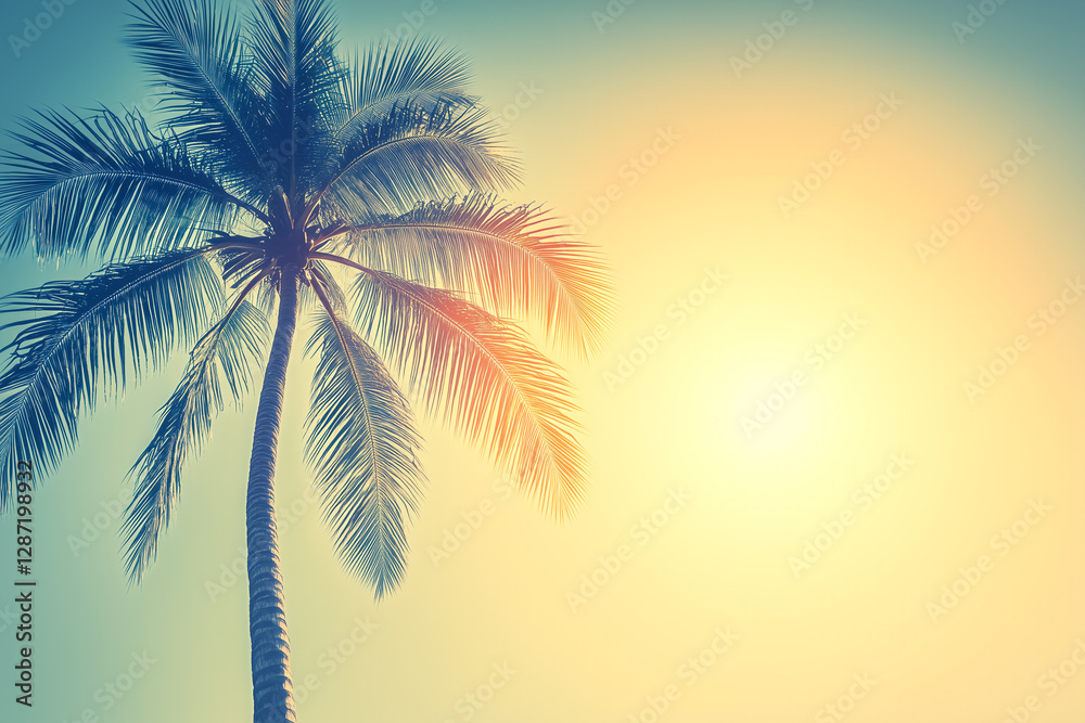Obraz premium Vintage Tropical Beach Scene with Coconut Palm Trees Under Sunlit Sky and Distressed Flare Effect