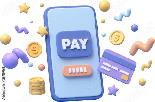Mobile Payment App Interface with Credit Card and Coins 3D Render