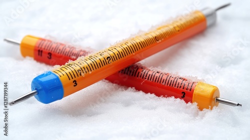 Frosty snow depth gauges, winter field, measurement photo