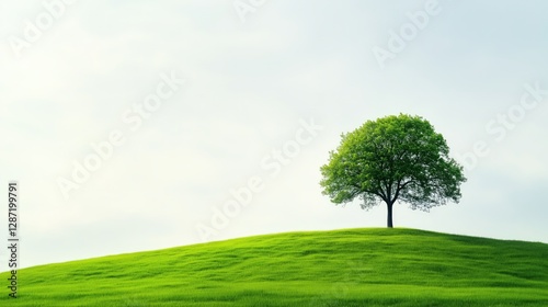 Single green tree on grassy hill under clear blue sky