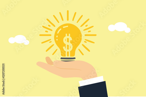 Enlighten money idea, investment and savings with high profit, business idea to make money or profit, innovation or creativity concept, businessman hand hold brightly lit money dollar lightbulb idea