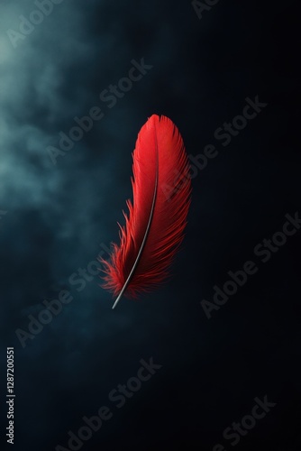 Red feather floating in smoky darkness	