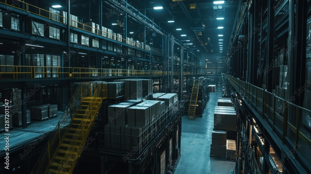 Obraz premium Imposing Industrial Warehouse Interior: A Symphony of Steel and Storage