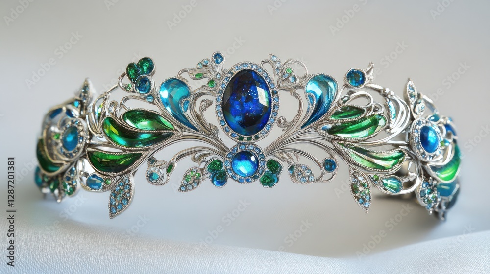 Naklejka premium Elegant, ornate tiara with teal and emerald green gemstones set in silver filigree.