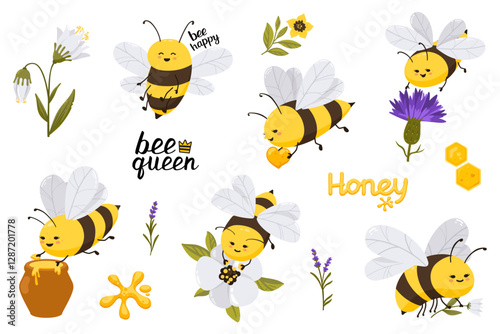 Cute honey bee character illustration set with flowers and lettering quote. Vector funny illustration collection for stickers, print, cards, posters, web site, banner, landing page.