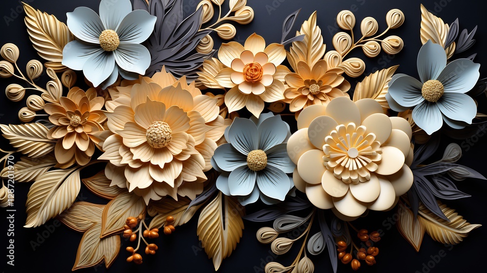 Black Background with Gold and Beige Floral Swirls Elegant Luxury Design