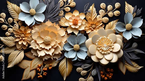 Obraz na płótnie Black Background with Gold and Beige Floral Swirls Elegant Luxury Design w salonie