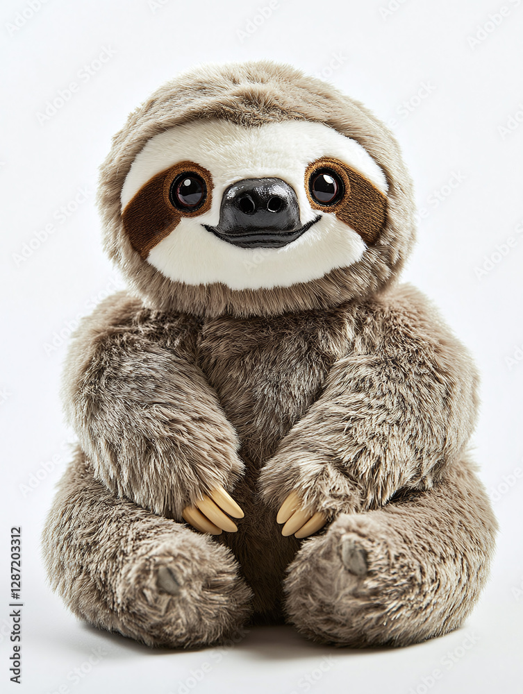 Fototapeta premium Sloth stuffed plush animal toy for children, isolated on white background.