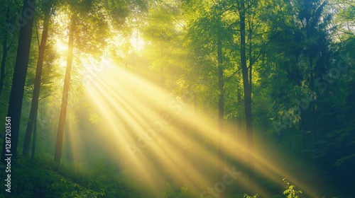Sunbeams illuminating forest path in lush green woodland 