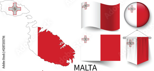 The different designs of Malta's national flags and the map showing Malta's borders