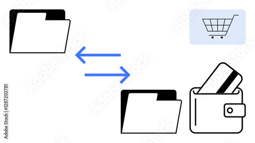 File folders with arrows indicating transfer, credit cards in wallet, shopping cart icon. Ideal for e-commerce, data transfer, digital transactions, online payments, financial operations