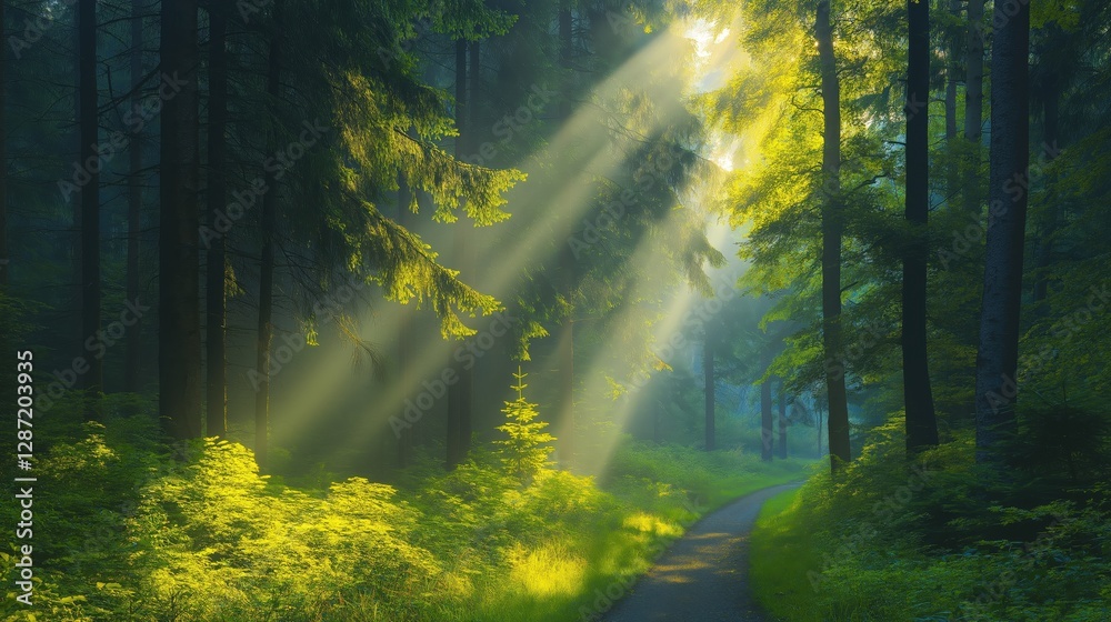 Obraz premium Sunbeams illuminating forest path in lush green woodland 