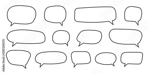 Set of speech bubble templates in doodle style. Dialog balloons, text boxes, quote frames, conversation tags and message banners isolated on white background. Vector outline illustration.