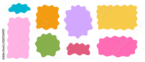 Different cute doodle wavy shapes. Set of abstract wiggly psychedelic forms. Speech bubble, tag, box or label templates isolated on white background. Vector flat illustration.