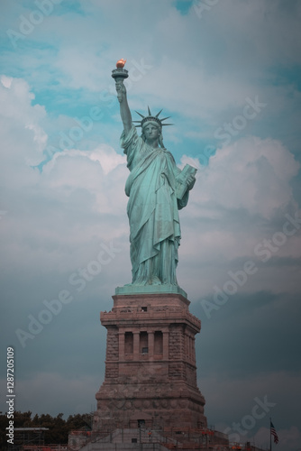 Close-up view of the Statue of Liberty in New York City, highlighting its iconic torch and face.