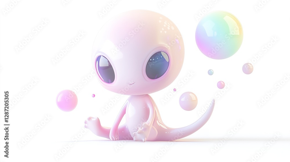 Fototapeta premium Charming alien creatures playing with bubbles in a soft fantasy environment