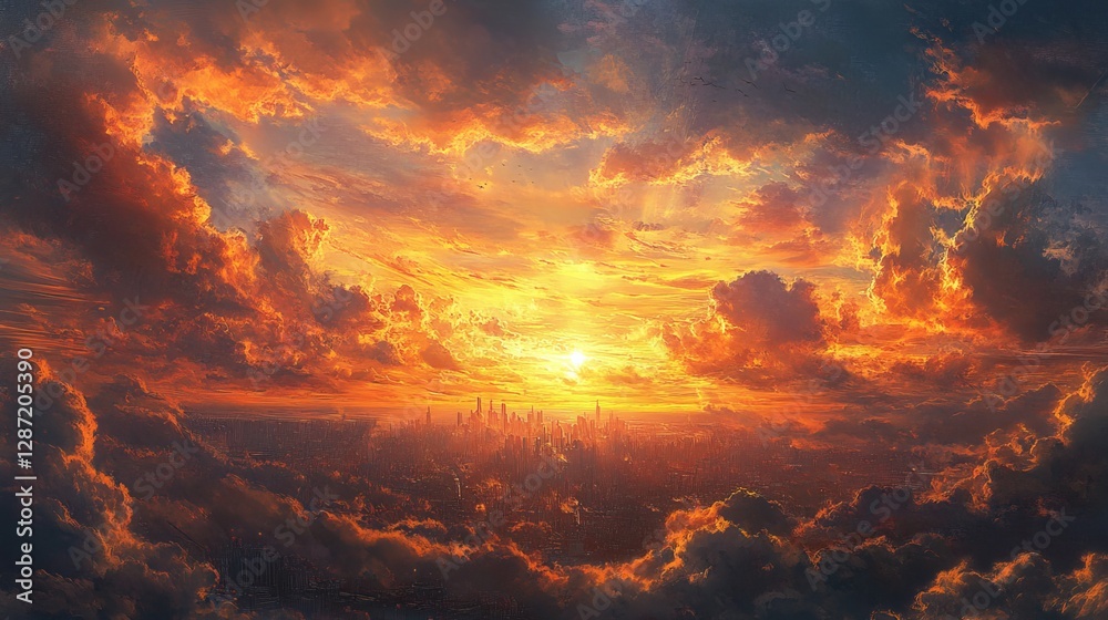 Sunset in the city with clouds and rays of light on the sky Sunset in the city with clouds and rays of light on the sky