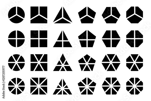 Set of geometric round, square and triangle, pentagon, hexagon and octagon shapes divided into 3, 4, 6 and 8 equal slices. Simple diagrams, business charts templates. Vector graphic illustration.