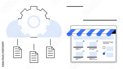 Gear and cloud icon connected to documents beside online store interface with blue awning. Ideal for cloud computing, digital marketing, e-commerce, data management, online shopping, digital