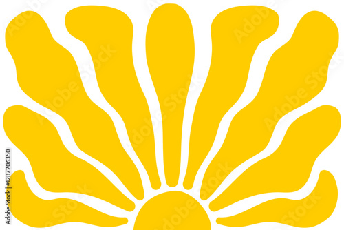 Groovy sun background. Curvy yellow rays. Sunburst, sunrise or sunset poster. Summer theme wallpaper. Trendy psychedelic print. Happy, good, positive vibes design. Vector flat illustration.