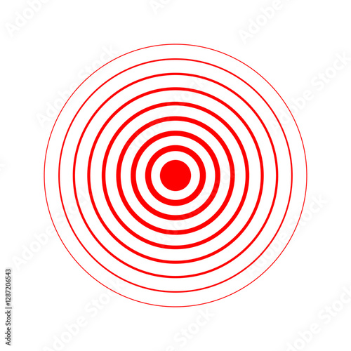 Pain localization icon. Red concentric circles. Sore, ache or inflammation symbol. Pulse or vibration sign. Shockwave, radar or sound wave pictogram isolated on white background. Vector illustration.