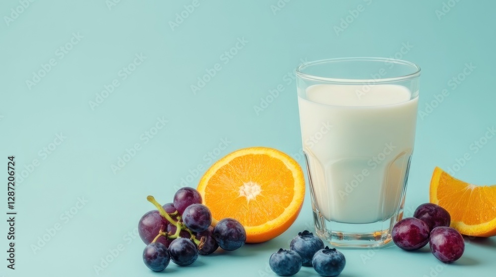 Refreshing Milk with Fruits on Blue Background Refreshing Milk with Fruits on Blue Background