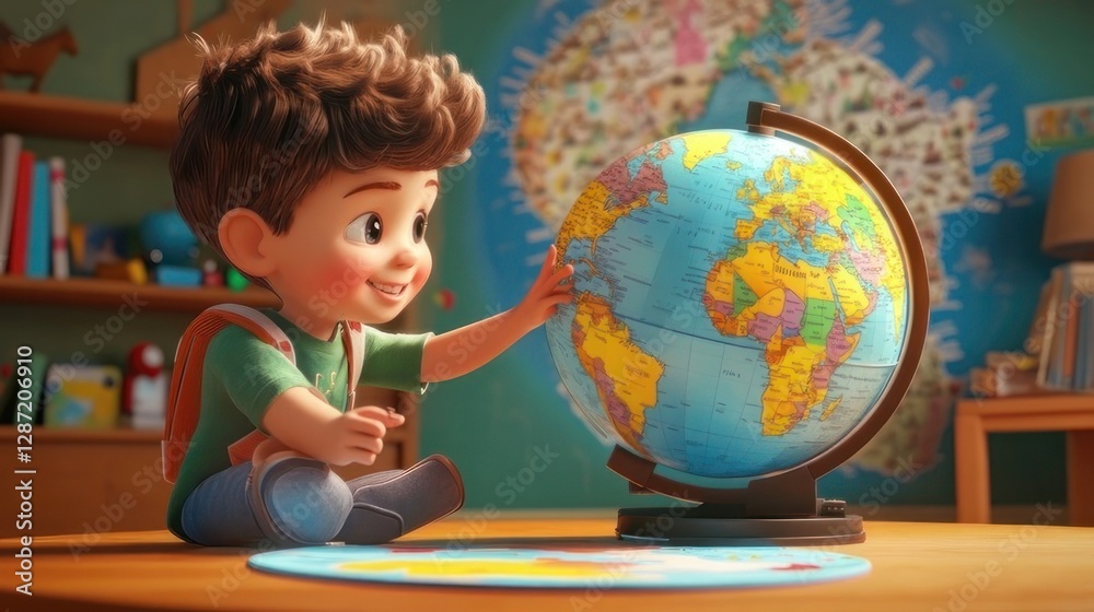 Curious child explores world globe in cozy room Curious child explores world globe in cozy room