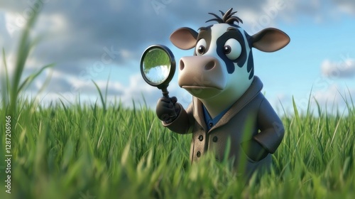 Cartoon cow detective examines field with magnifying glass