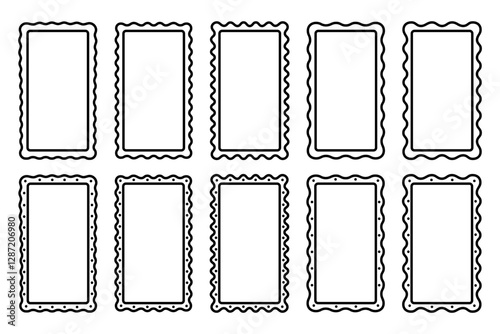 Set of rectangle frames with wavy edges. Vignettes for photos, pictures or mirrors. Empty box, tag, stamp or label templates. Vector graphic illustration.