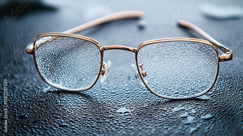 Antifog coated eyeglasses in close-up isolated on wet surface photography indoor macro focus photo