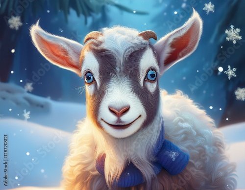 Niedliche Ziege in einer Winterlandschaft