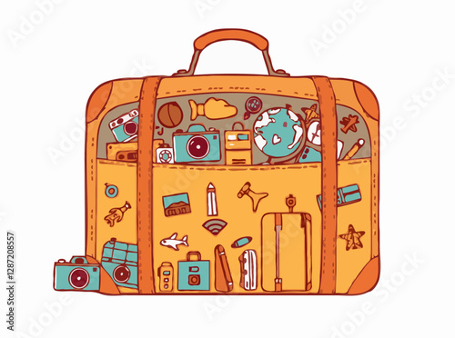 Illustrated luggage bag filled with 15 travel icons. Wanderlust theme with camera, globe, suitcase, and more.