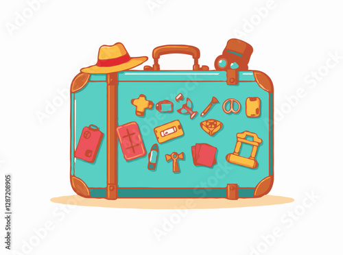 Colorful vintage suitcase with 15 vacation icons. Travel essentials like hat, passport, compass, and souvenirs.