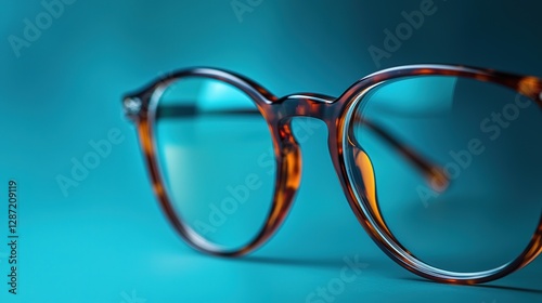 Innovative antifog coated eyeglasses high-performance close-up photography on blue background photo