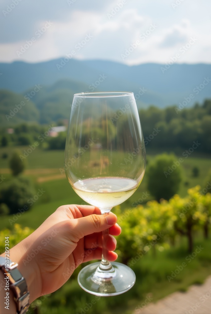 Obraz premium Hand holding glass of white wine in scenic vineyard setting