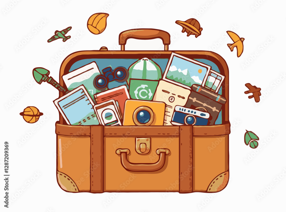 Naklejka premium Collection of 15 travel icons in classic suitcase. Adventure concept with binoculars, postcards, camera, and more.