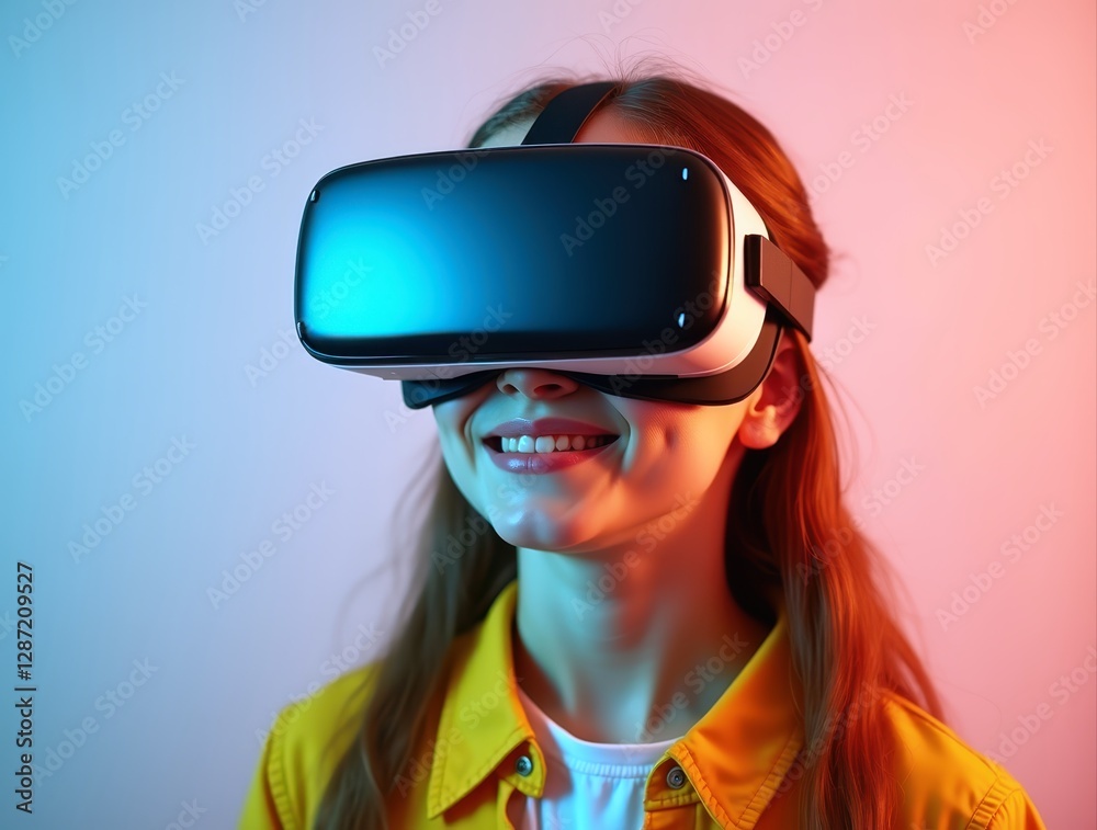 Smiling girl experiencing virtual reality with headset in colorful studio setting