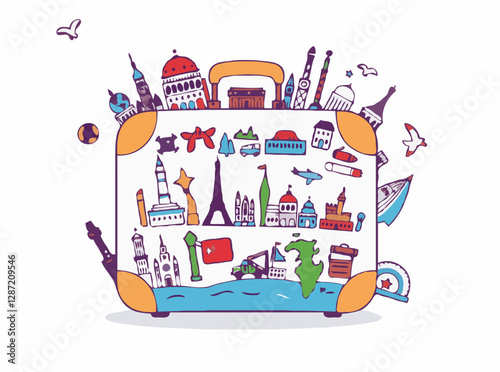 Illustrated travel suitcase with 15 icons of global landmarks and souvenirs