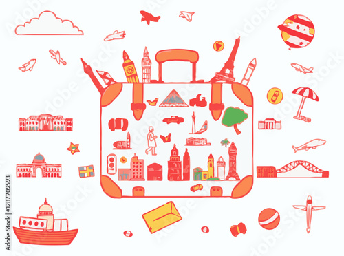 Illustrated travel suitcase with 15 icons of global landmarks and souvenirs