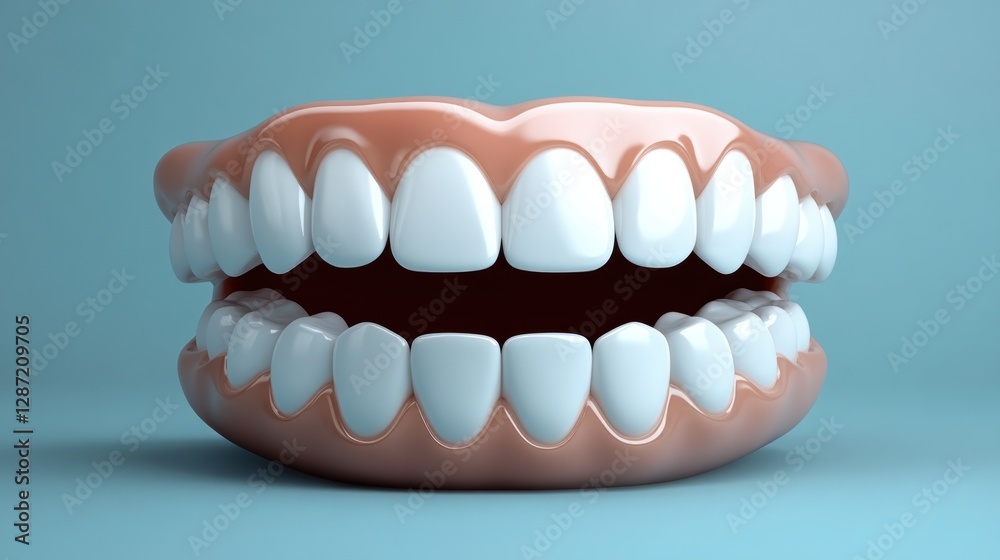 3D render of a healthy human mouth with white teeth and pink gums against a light blue background. 3D render of a healthy human mouth with white teeth and pink gums against a light blue background.