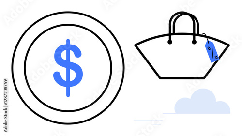 Coin featuring dollar sign beside handbag with blue price tag. Ideal for themes shopping, finance, economy, value, consumerism, purchasing, retail. Minimalist design with abstract line flat metaphor