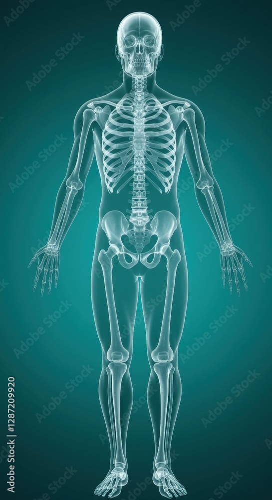 Detailed human skeleton with x-ray effect on teal background Detailed human skeleton with x-ray effect on teal background