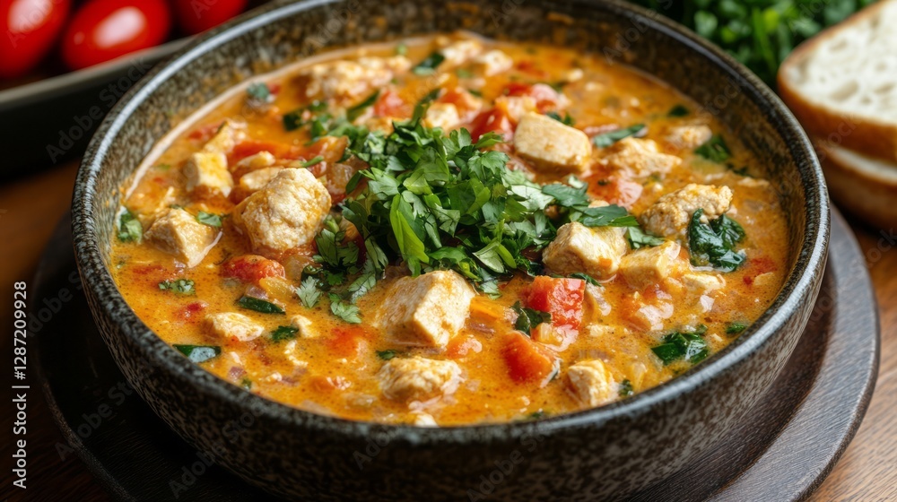 A savory bowl of chicken stew garnished with fresh herbs A savory bowl of chicken stew garnished with fresh herbs