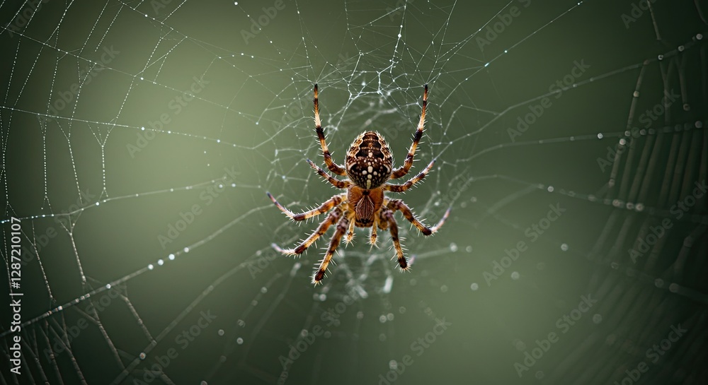 Spider Weaving a Dew-kissed Web a Macro View of Nature Spider Weaving a Dew-kissed Web a Macro View of Nature